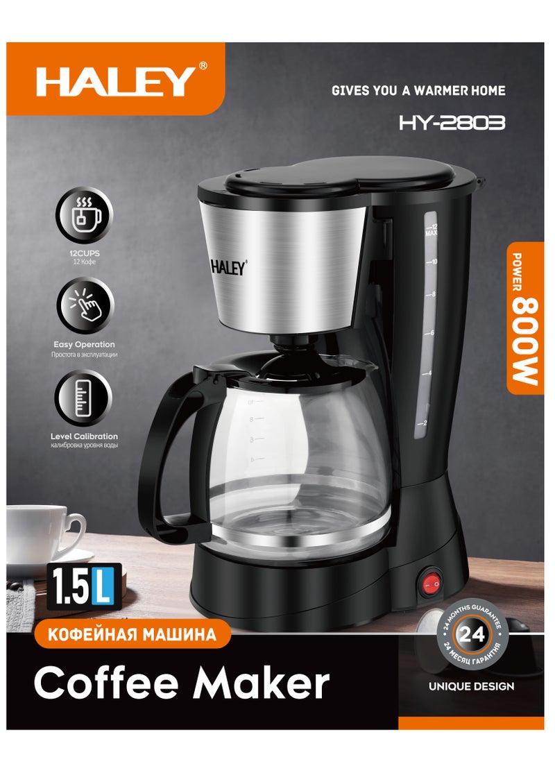 Haley Home Convenient 1.5L 10 Cups Electric Drip Coffee Machine for Home Use with clear Water Level Indicator - Image 1