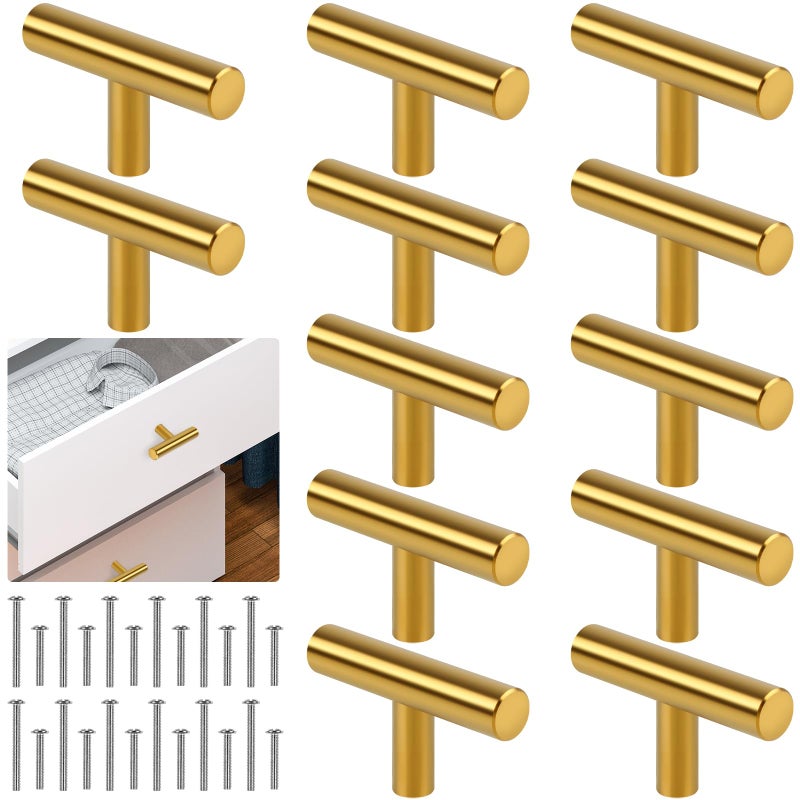 Romeda 12 Pack Gold Cabinet Knobs 2in Single Hole Cabinet Hardware with Screws 1in 15in Gold Drawer Pulls for Kitchen Bedroom Furniture