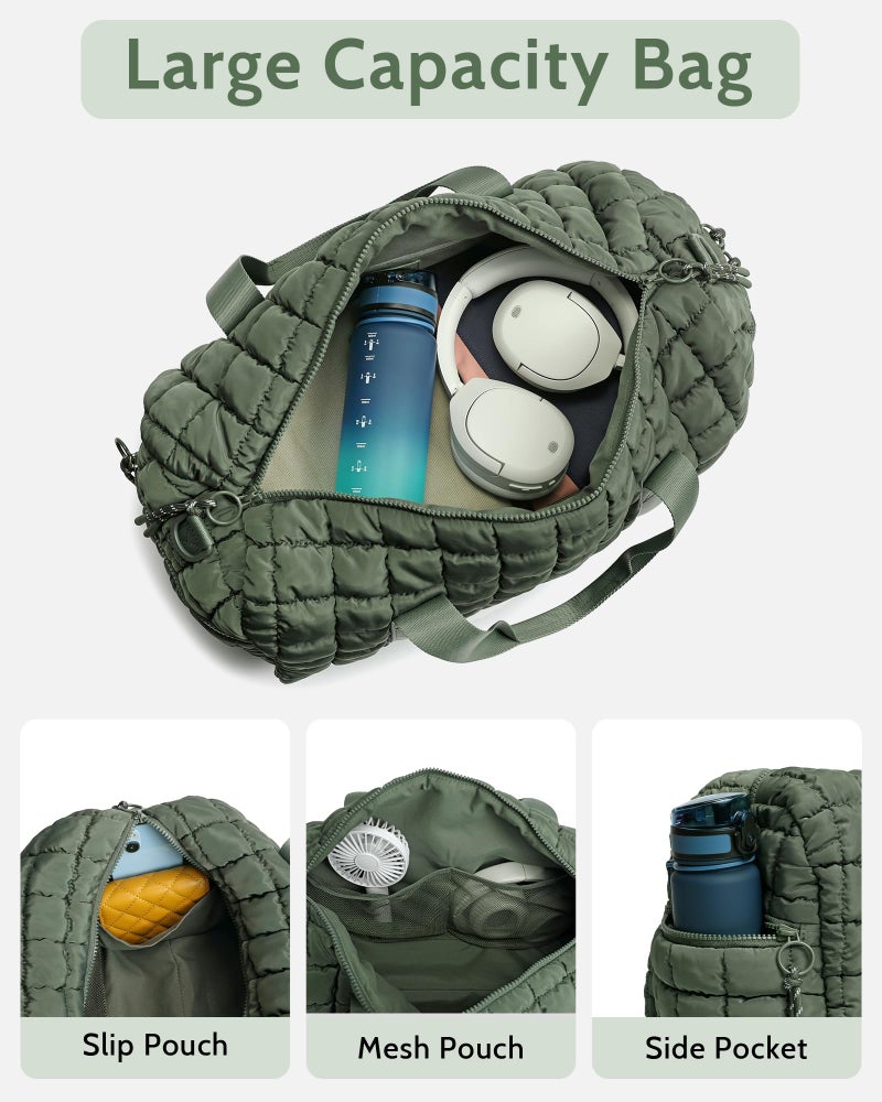 FODOKO Quilted Duffel Bag for Women, Puffer Gym Duffle Bag with Shoe Compartment Lightweight Large Crossbody Sport Bag Travel Tote JasperGreen - Image 4