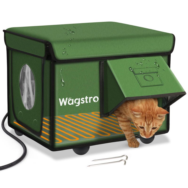 Wagstro Heated Cat House for Outside, Waterproof Awning & Escape Door Heated Cat Houses for Indoor/Outdoor Cats in Winter, Elevated & Insulated Outdoor Cat Shelter for Feral Cat(Green, 16.5"x12.6"x12.6") - Image 1