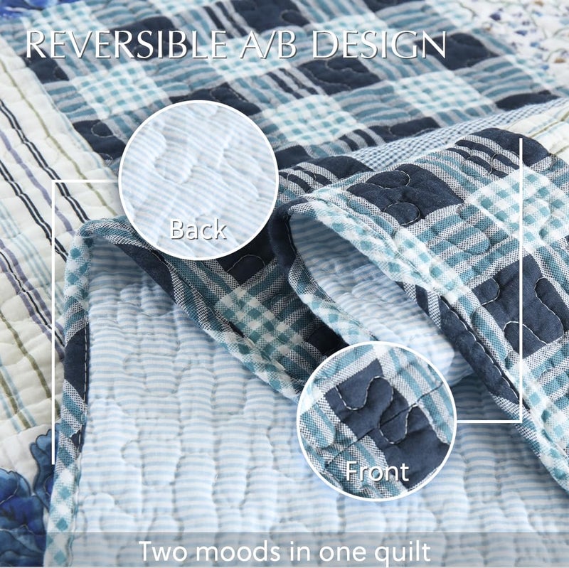 camandy Cotton Bedspread Quilt Bedding Sets 3 Pieces Reversible Coverlet Sets Comforters Rustic Floral Patchwork Blue White Bedspread, Queen Size - Image 5