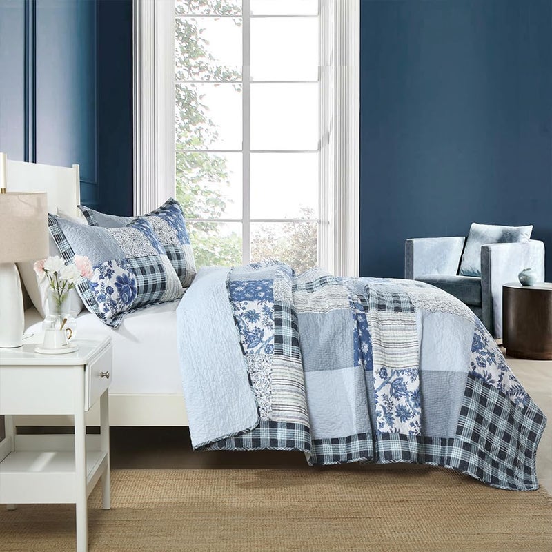 camandy Cotton Bedspread Quilt Bedding Sets 3 Pieces Reversible Coverlet Sets Comforters Rustic Floral Patchwork Blue White Bedspread, Queen Size - Image 3