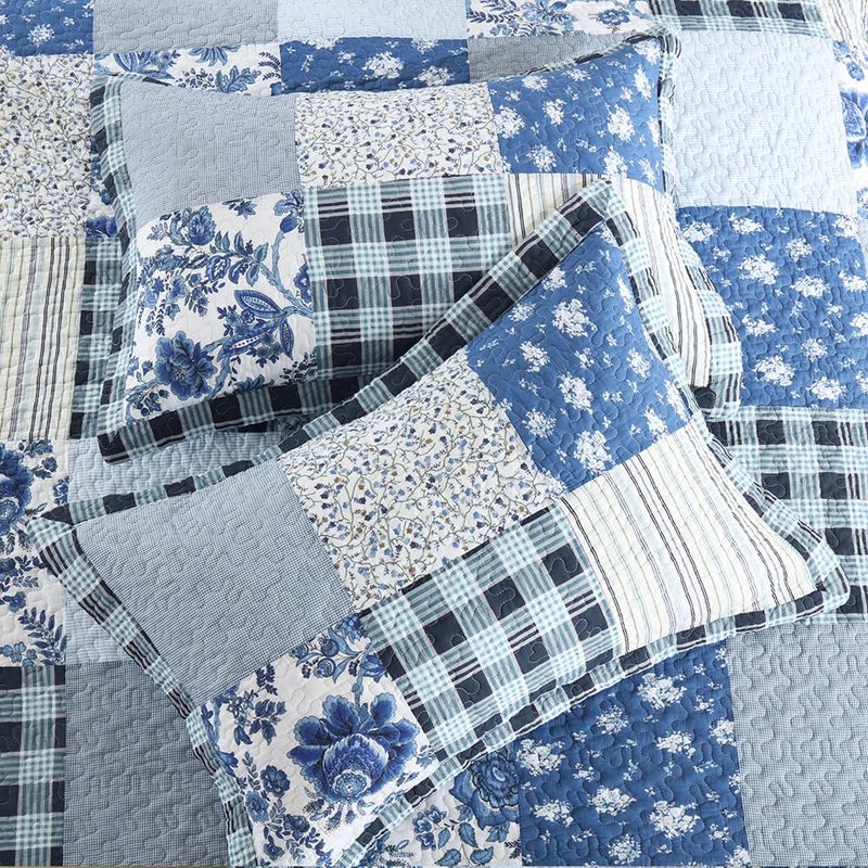 camandy Cotton Bedspread Quilt Bedding Sets 3 Pieces Reversible Coverlet Sets Comforters Rustic Floral Patchwork Blue White Bedspread, Queen Size - Image 4
