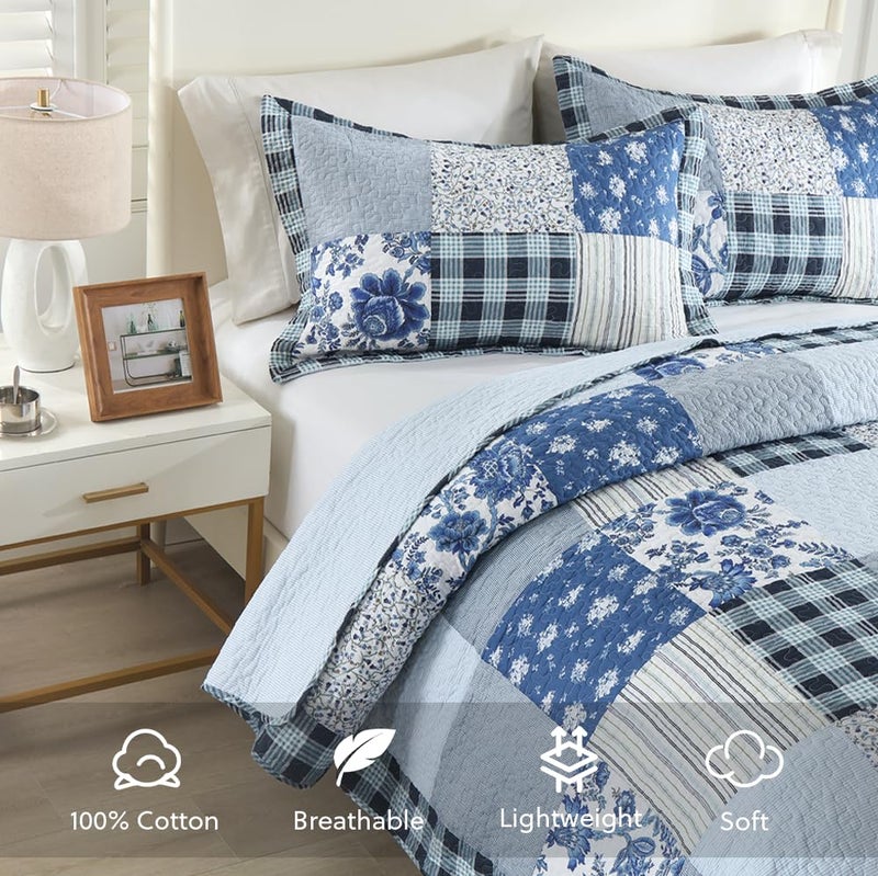 camandy Cotton Bedspread Quilt Bedding Sets 3 Pieces Reversible Coverlet Sets Comforters Rustic Floral Patchwork Blue White Bedspread, Queen Size - Image 2