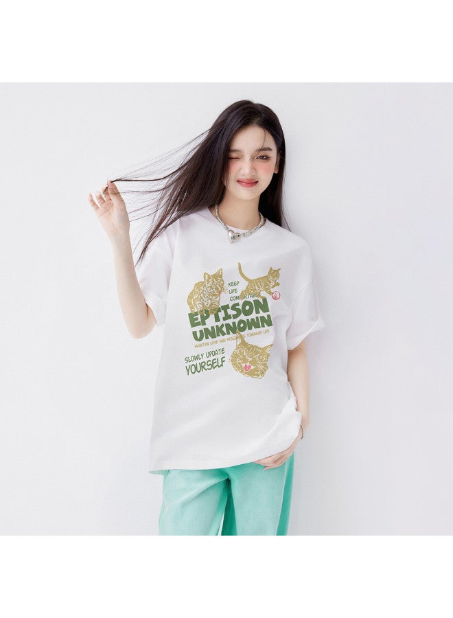 EPTISON Women's Short Sleeve T-shirt - Summer Color Block Letter Print Loose Fit Cotton Round Neck Drop Shoulder Top - Image 2