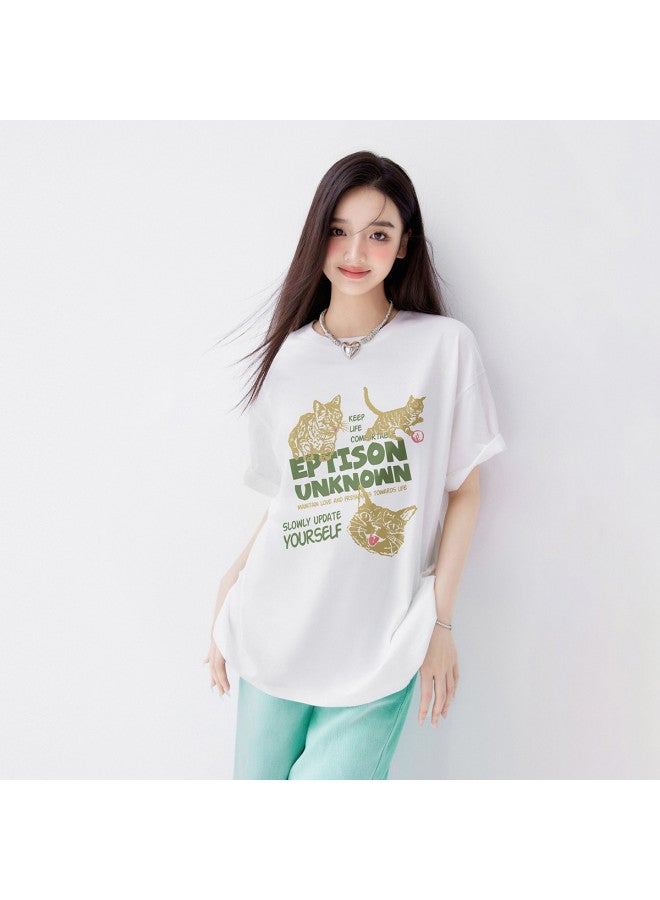 EPTISON Women's Short Sleeve T-shirt - Summer Color Block Letter Print Loose Fit Cotton Round Neck Drop Shoulder Top - Image 5