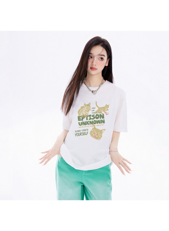 EPTISON Women's Short Sleeve T-shirt - Summer Color Block Letter Print Loose Fit Cotton Round Neck Drop Shoulder Top - Image 3
