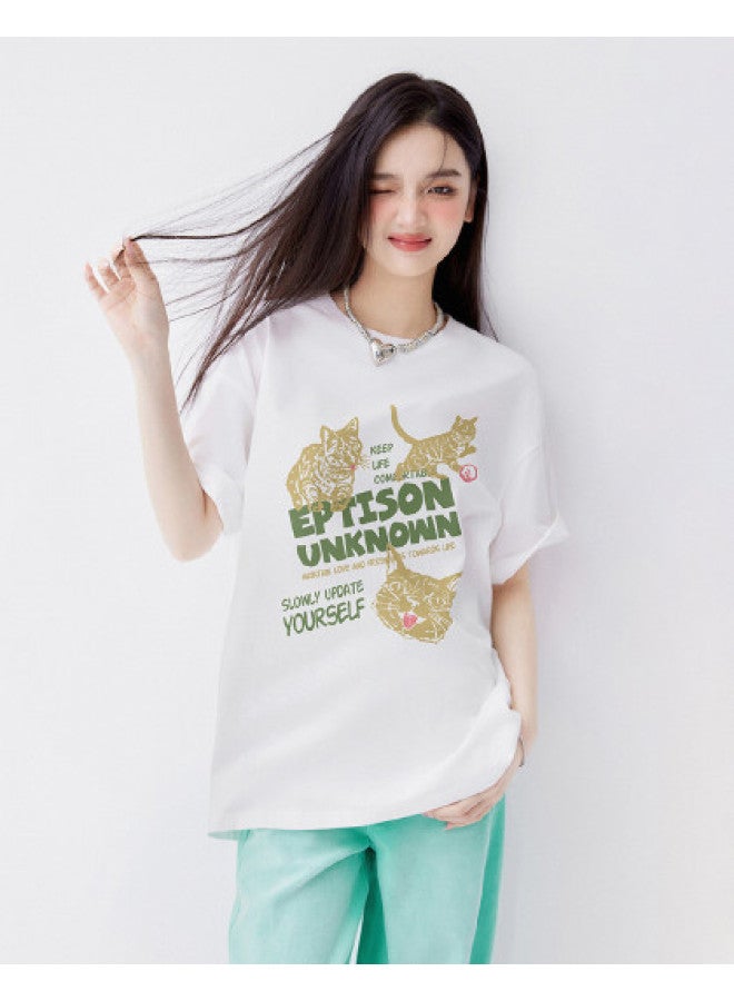 EPTISON Women's Short Sleeve T-shirt - Summer Color Block Letter Print Loose Fit Cotton Round Neck Drop Shoulder Top - Image 1
