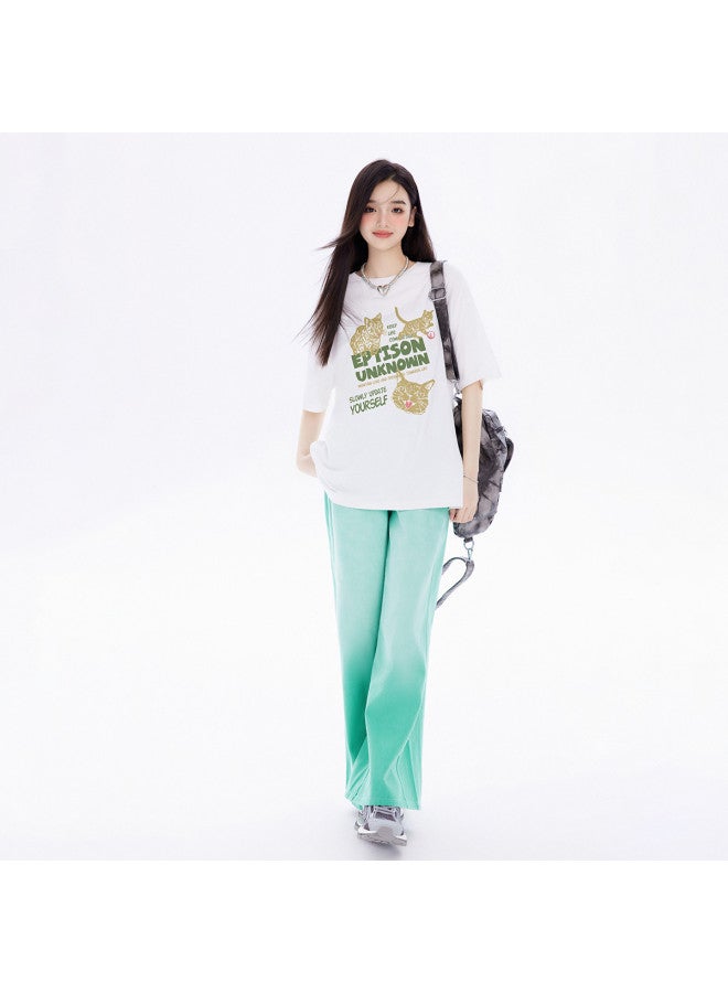 EPTISON Women's Short Sleeve T-shirt - Summer Color Block Letter Print Loose Fit Cotton Round Neck Drop Shoulder Top - Image 4