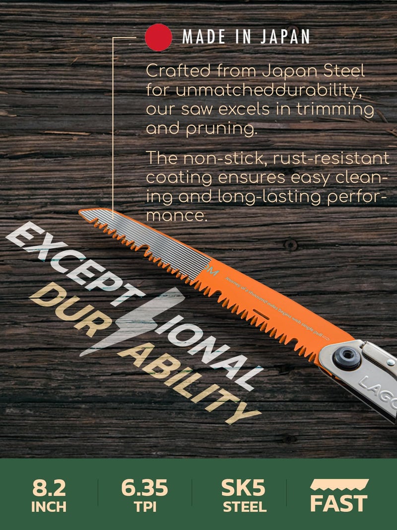Lagom Folding Camp Saw For Cutting Branches  8.2"" Straight Blade | Sk5 Steel  Ergonomic Handle  One-Hand Use  Secure Lock | Foldable Pruning Tool For Camping  Gardening  Survival  Kayaking  Outdoors - Image 5
