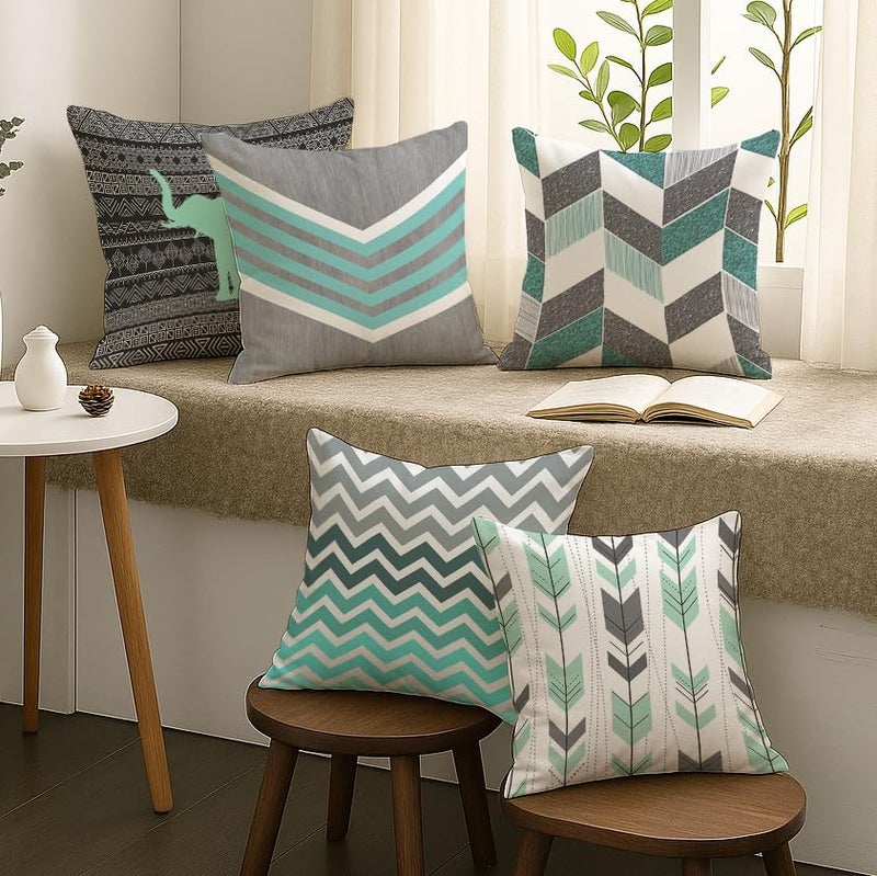 BRICK HOME Set of 5 Jute Printed Cushion Covers 24x24 Inch | Geometric Chevron & Elephant Tribal Design | Mint Green, Grey, Black & White | Soft Decorative Pillow Covers for Sofa, Couch & Living Room - Image 2