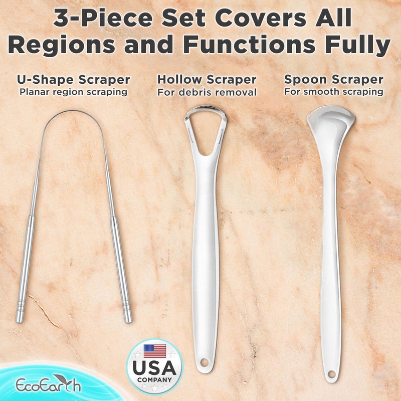 EcoEarth Tongue Scraper for Adults - 3 Pcs Metal Tongue Cleaner with Silver Storage Case - Tough Stainless Steel Mouth Scrubber for Fresh Breath & Oral Hygiene - by EcoEarth - Image 3