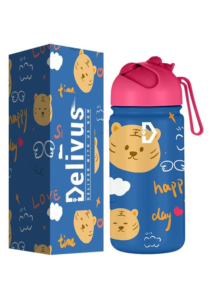 Delivus Kids Water Bottle BPA Free 14 OZ with 2 Straws and Cleaning Set Children Double Wall Stainless Steel Drinking Bottles Thermos Insulation Flask ( Blue )