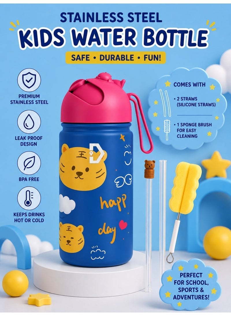 Delivus Kids Water Bottle BPA Free 14 OZ with 2 Straws and Cleaning Set Children Double Wall Stainless Steel Drinking Bottles Thermos Insulation Flask ( Blue ) - Image 3