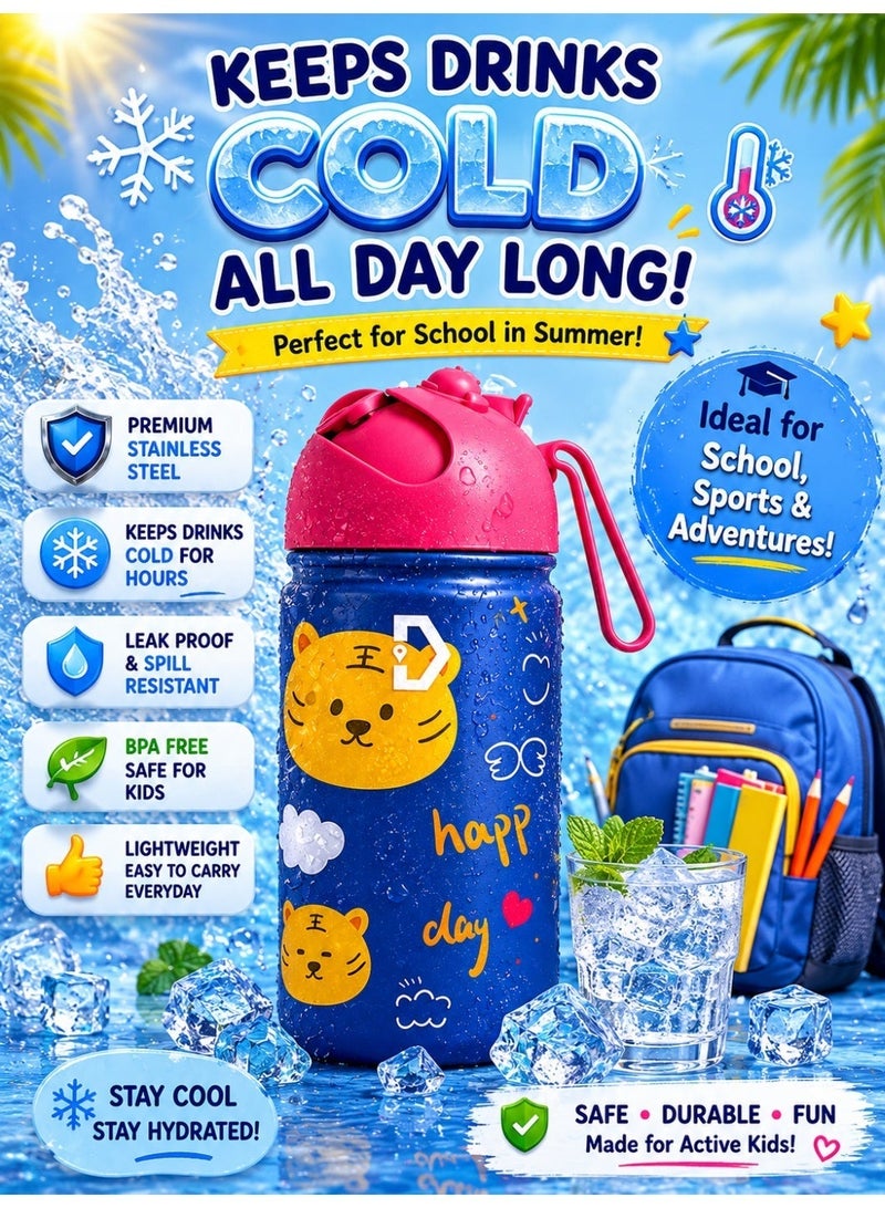 Delivus Kids Water Bottle BPA Free 14 OZ with 2 Straws and Cleaning Set Children Double Wall Stainless Steel Drinking Bottles Thermos Insulation Flask ( Blue ) - Image 2