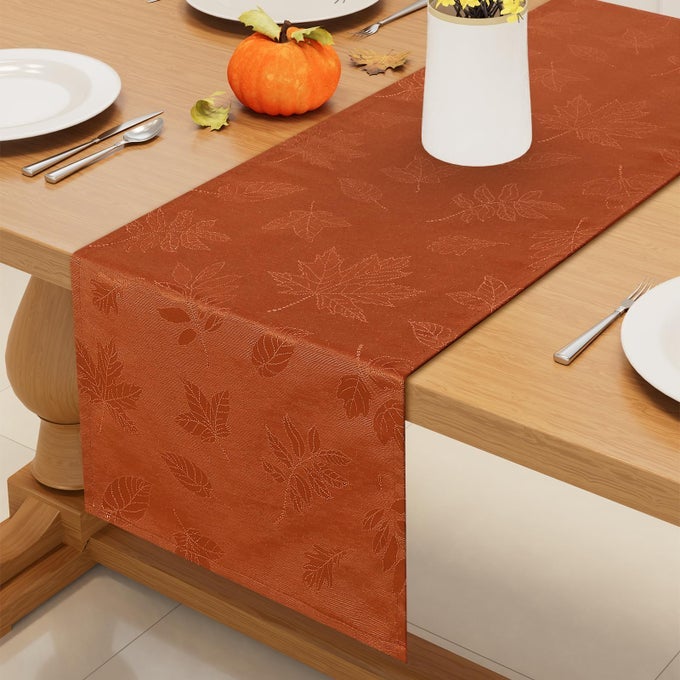 FALL TABLE RUNNER 13X72 INCH AUTUMN LEAVES DAMASK FOR HARVEST PARTIES AND THANKSGIVING DINNER RUST