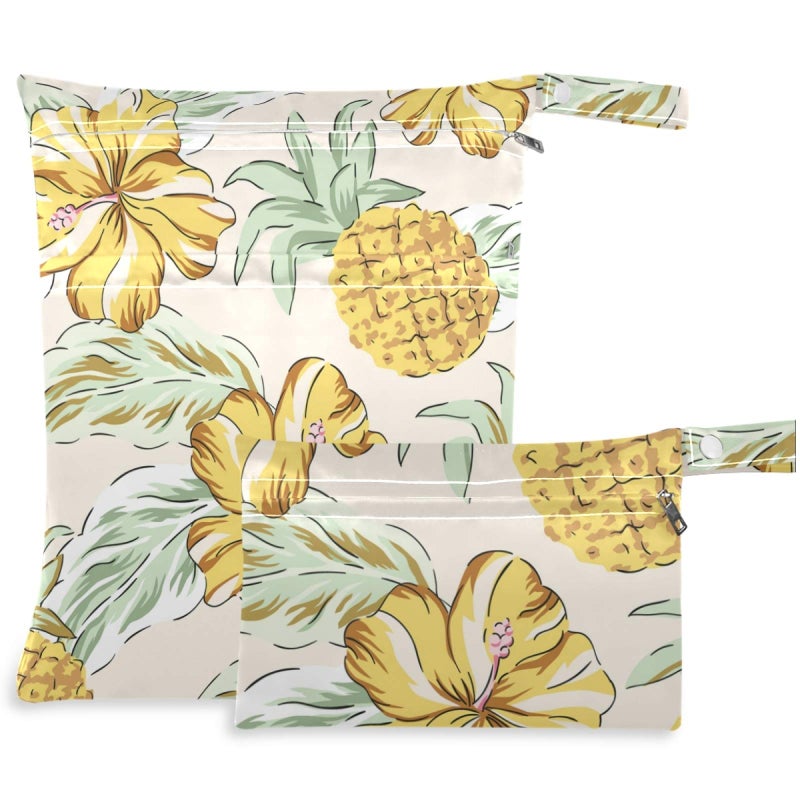 visesunny Tropical Yellow Pineapple and Flower 2Pcs Wet Bag with Zippered Pockets Washable Reusable Roomy for Travel,Beach,Pool,Daycare,Stroller,Diapers,Dirty Gym Clothes, Wet Swimsuits, Toiletries - Image 1