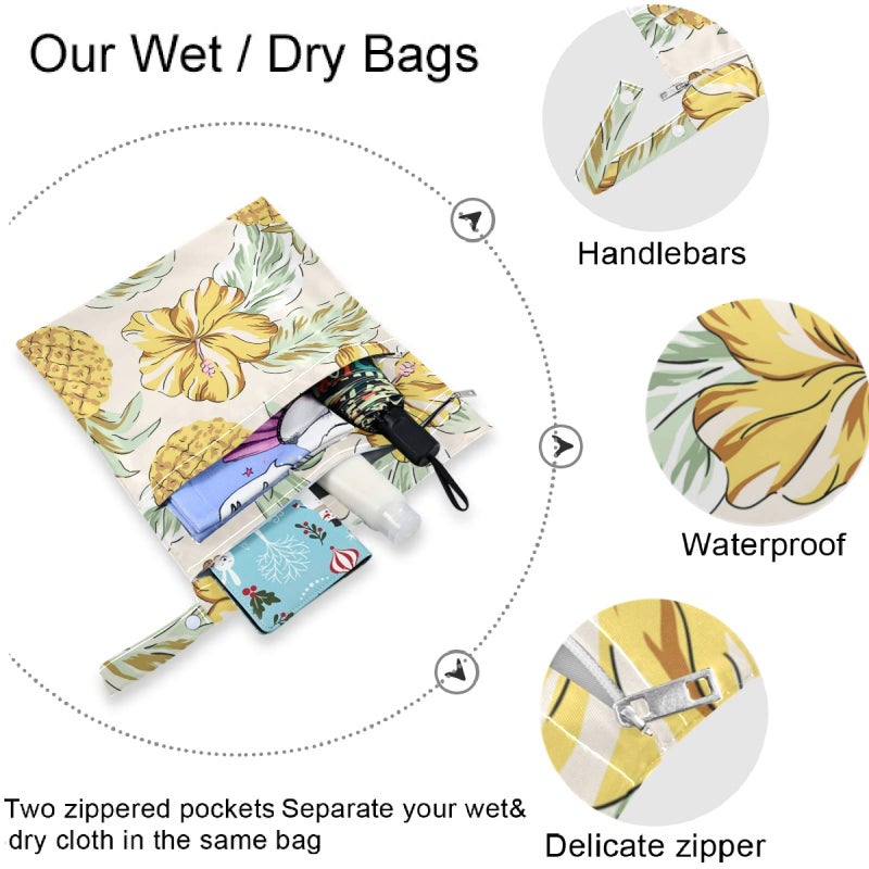 visesunny Tropical Yellow Pineapple and Flower 2Pcs Wet Bag with Zippered Pockets Washable Reusable Roomy for Travel,Beach,Pool,Daycare,Stroller,Diapers,Dirty Gym Clothes, Wet Swimsuits, Toiletries - Image 5