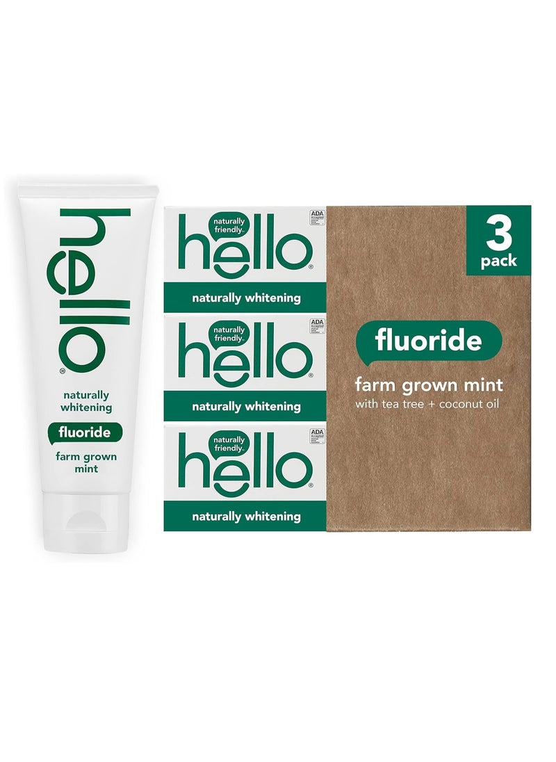 Hello Hello Naturally Whitening Fluoride Toothpaste, Natural Peppermint Flavor and Tea Tree Oil, Peroxide Free, Gluten Free, SLS Free, 3 Pack, 4.7 OZ Tubes  - Image 1