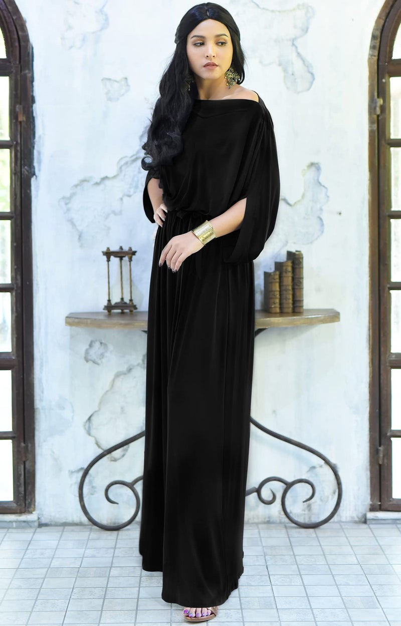 KOH KOH Petite Womens Long Flowy Casual Short Half Sleeve with Sleeves Fall Winter Floor Length Evening Modest A-line Formal Maternity Gown Gowns Maxi Dress Dresses, Black S 4-6 - Image 2
