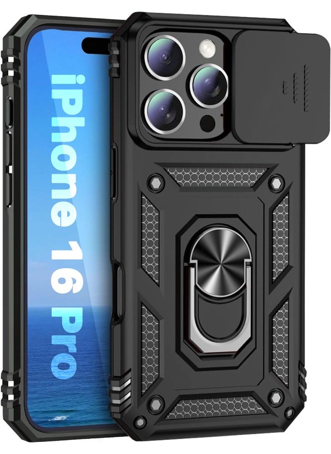 RUGGED SHIELD iPhone 16 Pro Cover, Slide Camera Cover, Built-in 360° Rotate Ring Kickstand, Shockproof Drop Proof Protection, Heavy Duty Shockproof Protective Case for iPhone 16 Pro (2024), Black  - Image 1