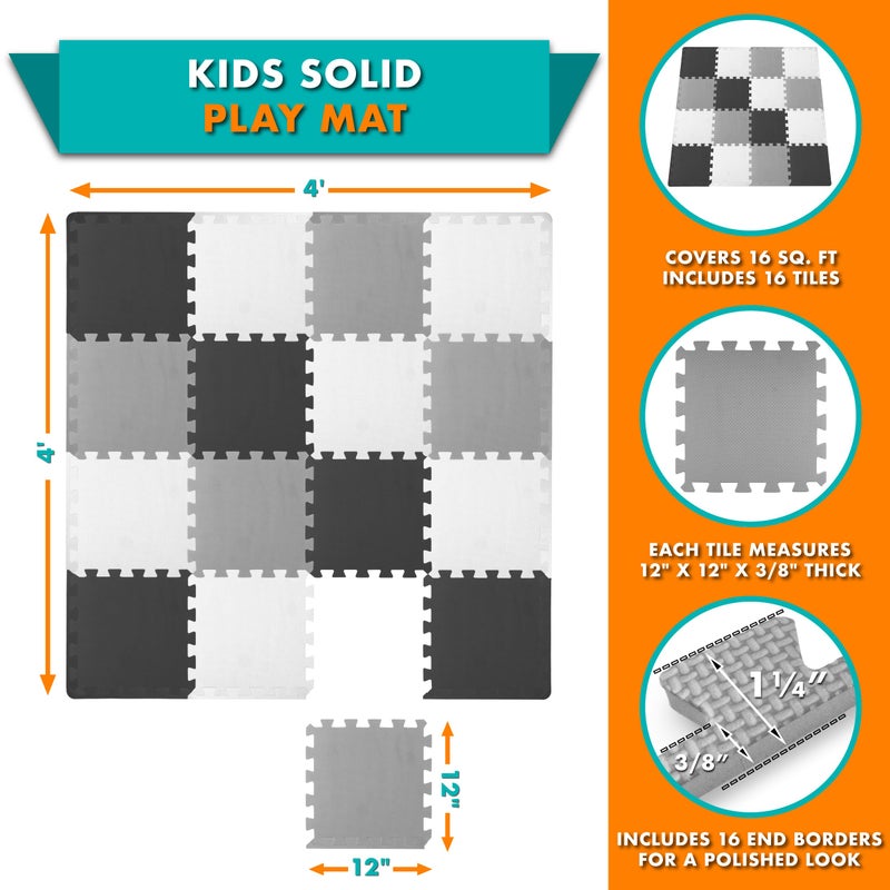 ProSource Foam Puzzle Floor Play Mat for Kids and Babies with Solid Colors, 36 or 16 Interlocking Tiles with Borders, Black/Grey/White - Image 2