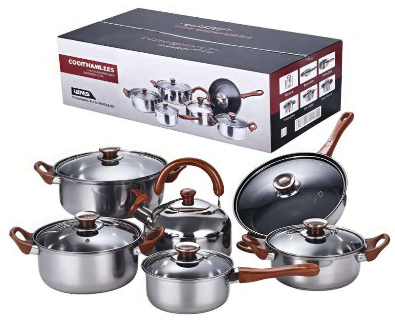 Shuer 12-Piece Cookware Set, Stainless Steel Pots And Pans, Non-Stick Cooking pots, PFOA Free - Frying Pan, Casserole With Lid, Saucepan, Grill Pan, Kitchen Tools - Image 1