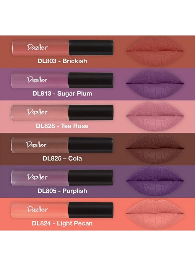 دازلير مجموعة أحمر الشفاه الملونة من 6 قطع | أحمر شفاه سائل غير لامع نابض بالحياة للنساء | يدوم طويلاً | مقاوم للتلطخ | لا يزول | لون بني فاتح | 21.6 جرام - Image 2