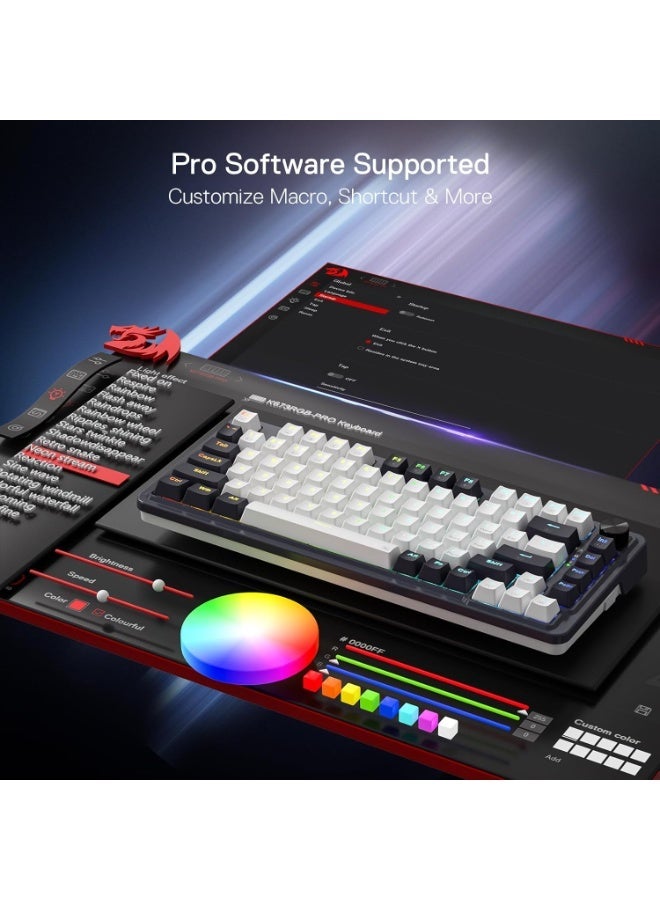 REDRAGON K673 PRO 75% Wireless Gasket RGB Gaming Keyboard, 3-Modes 81 Keys Compact Mechanical Keyboard Hot-Swap Socket, Dedicated Knob Control and Sound Absorbing Pads, Linear Red Switch - Image 2