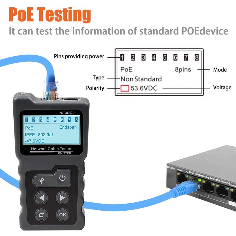KOLSOL Network Cable Tester, Ethernet Wire Tracer with NCV & Lamp for CAT5 CAT6, PoE Tester Detect Voltage Measure Fault Distance by TDR NF-8209 - Image 3