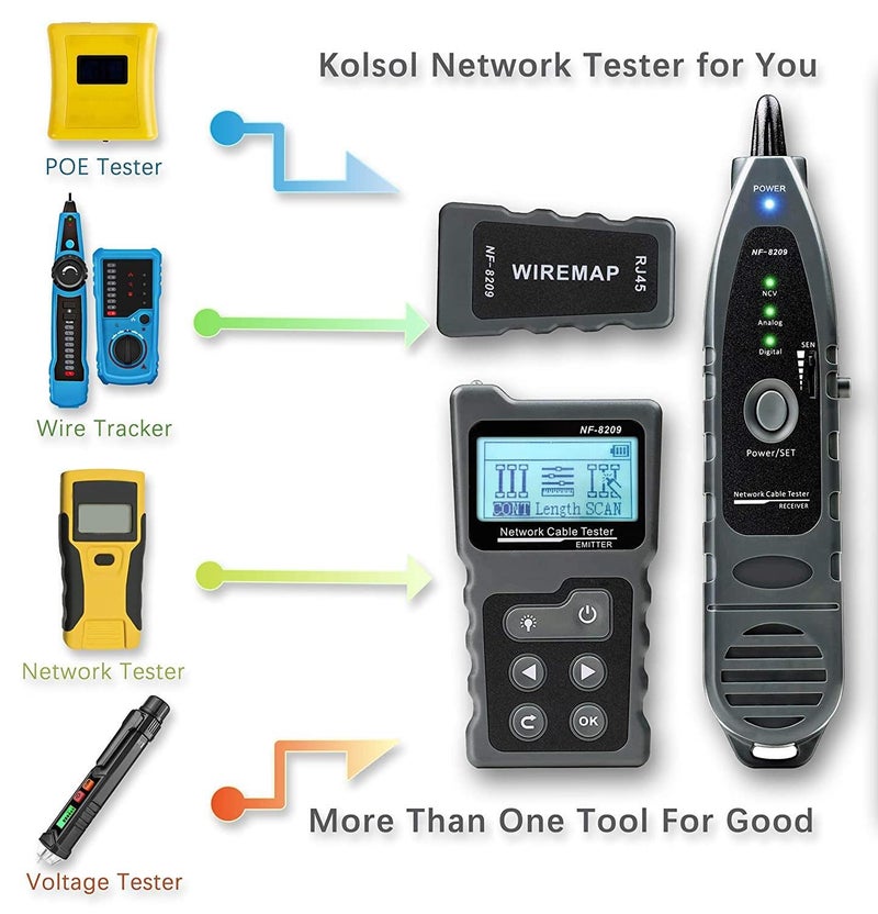 KOLSOL Network Cable Tester, Ethernet Wire Tracer with NCV & Lamp for CAT5 CAT6, PoE Tester Detect Voltage Measure Fault Distance by TDR NF-8209 - Image 2