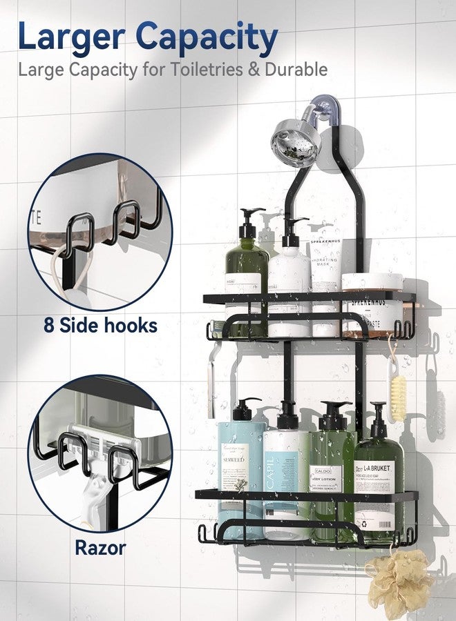 YASONIC Shower Caddy Hanging - Rustproof Shower Organizer Hanging - Shower Caddy Over Shower Head with Large Capacity - Shower Caddy No Drilling Shelves of 12 Hooks for Razor/Sponge Black - Image 2