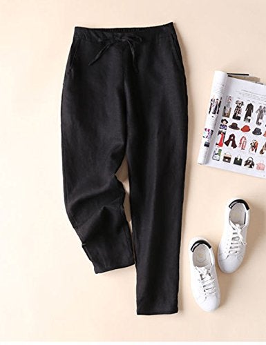 IXIMO Women's Tapered Pants 100% Linen Drawstring Back Elastic Waist Pants Trousers with Pockets (Black, X-Large) - Image 2