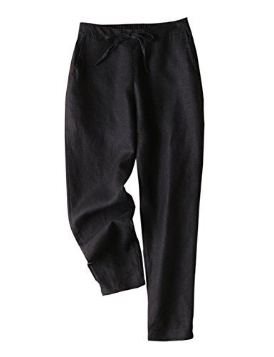 IXIMO Women's Tapered Pants 100% Linen Drawstring Back Elastic Waist Pants Trousers with Pockets (Black, X-Large) - Image 1