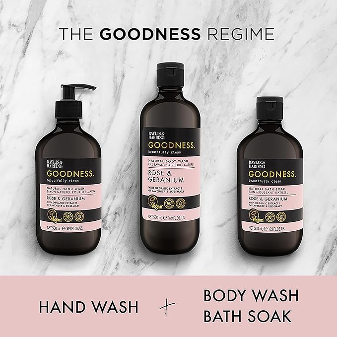 Baylis & Harding غسول يدين طبيعي من بايليس هاردينغ جودنس برائحة الورد والجرانيوم 500 مل عبوة من 3 صديقة للنباتيين - Image 3