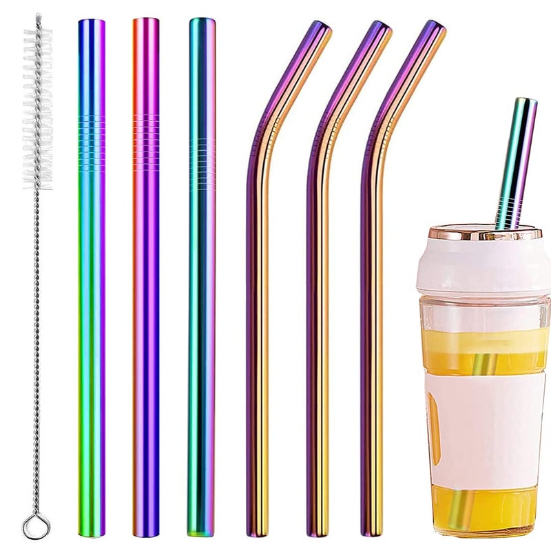 Vinaco Reusable Smoothie Straw, 0.4'' Extra Wide Stainless Steel Straw 10.5'' & 8.5'' Long colorful Straws, 6 Pack Metal Straw with 1 Reusable Straw Brush Cleaner for Milkshake, Smoothie, Bubble tea - Image 1