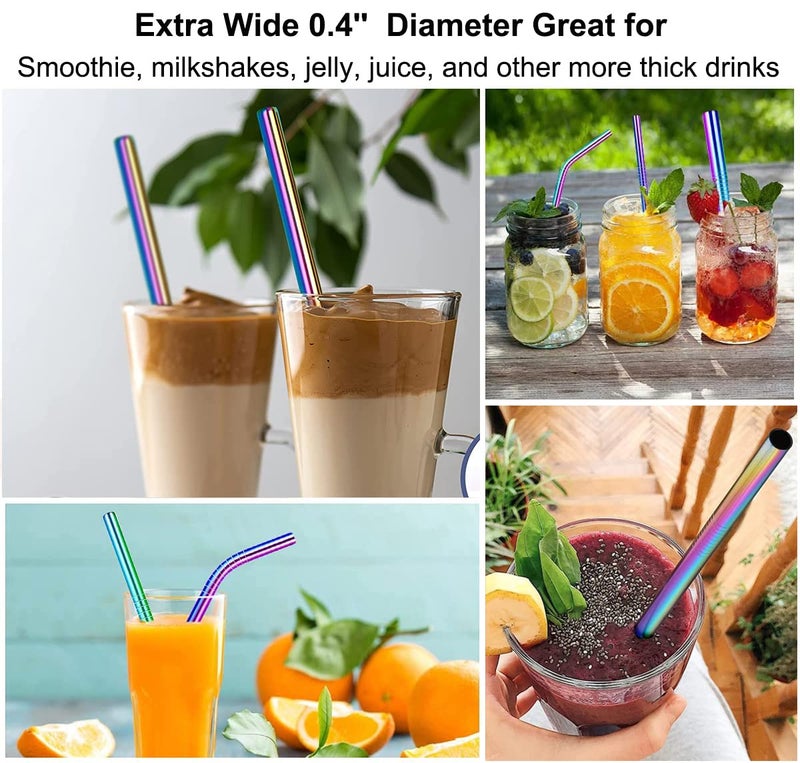 Vinaco Reusable Smoothie Straw, 0.4'' Extra Wide Stainless Steel Straw 10.5'' & 8.5'' Long colorful Straws, 6 Pack Metal Straw with 1 Reusable Straw Brush Cleaner for Milkshake, Smoothie, Bubble tea - Image 5