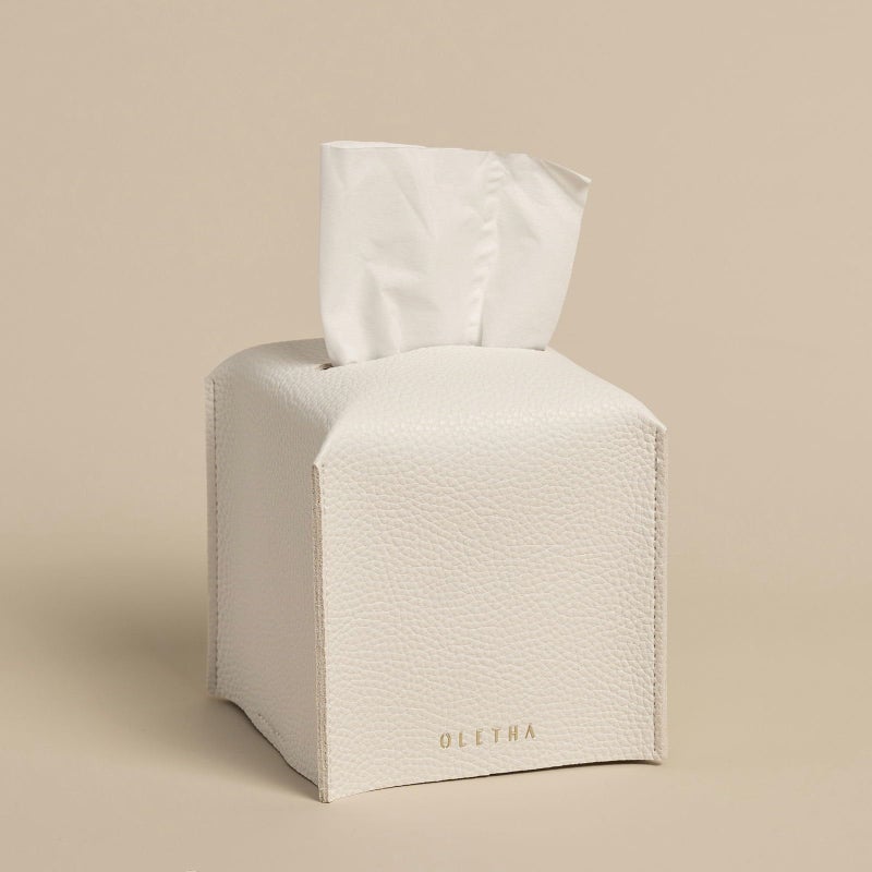 OLETHA Square Tissue Box Cover - Aesthetic Desk Decor for Room  Home & Office - Tissues Cube Boxes Holder - White - Image 1