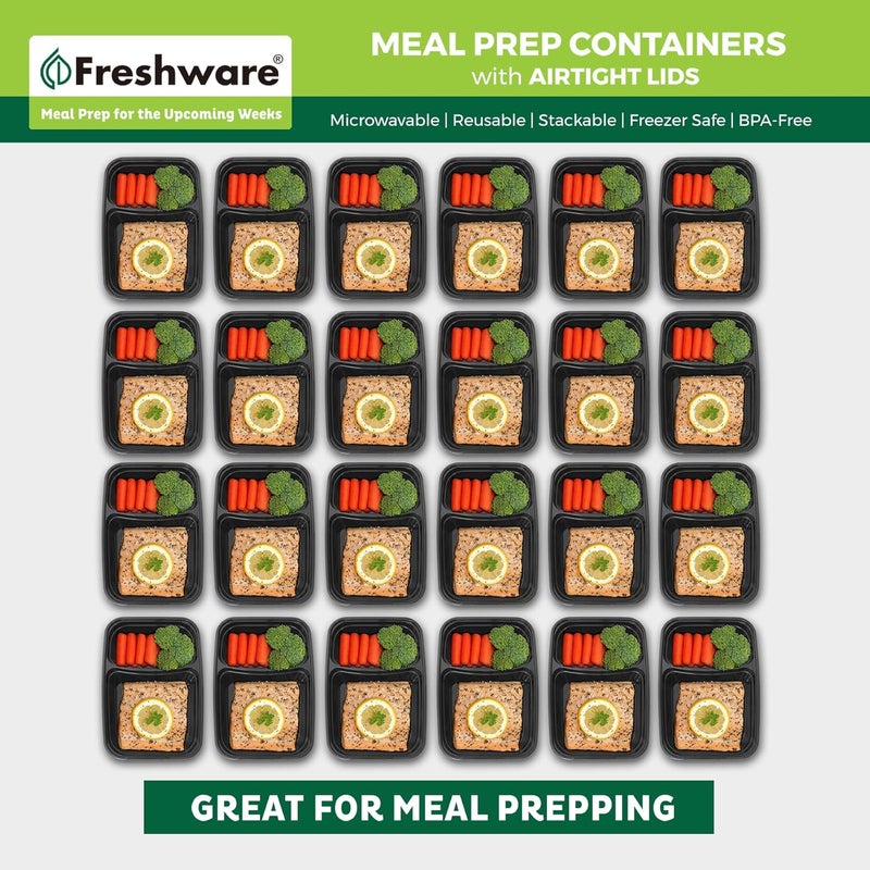 Freshware حاويات تحضير الوجبات من فريش وير 50 عبوة 2 قسم مع أغطية حاويات تخزين الطعام صندوق بنتو خالي من BPA قابلة للتكديس آمنة للاستخدام في الميكروويف وغسالة الصحون والفريزر 28 أونصة - Image 3
