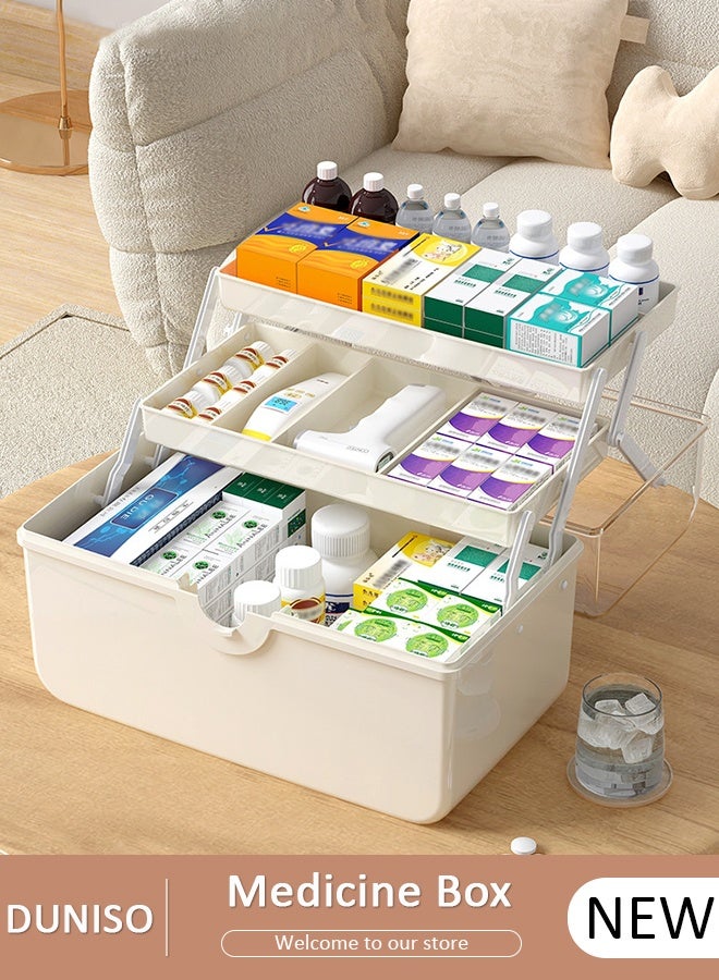 DUNISO Medicine Box Plastic Medicine Storage Box Family Emergency Kit Medical Kit 3 Layers Home First Aid Box Child Proof Medicine Box Organizer Pill Case with Compartments and Handle - Image 1