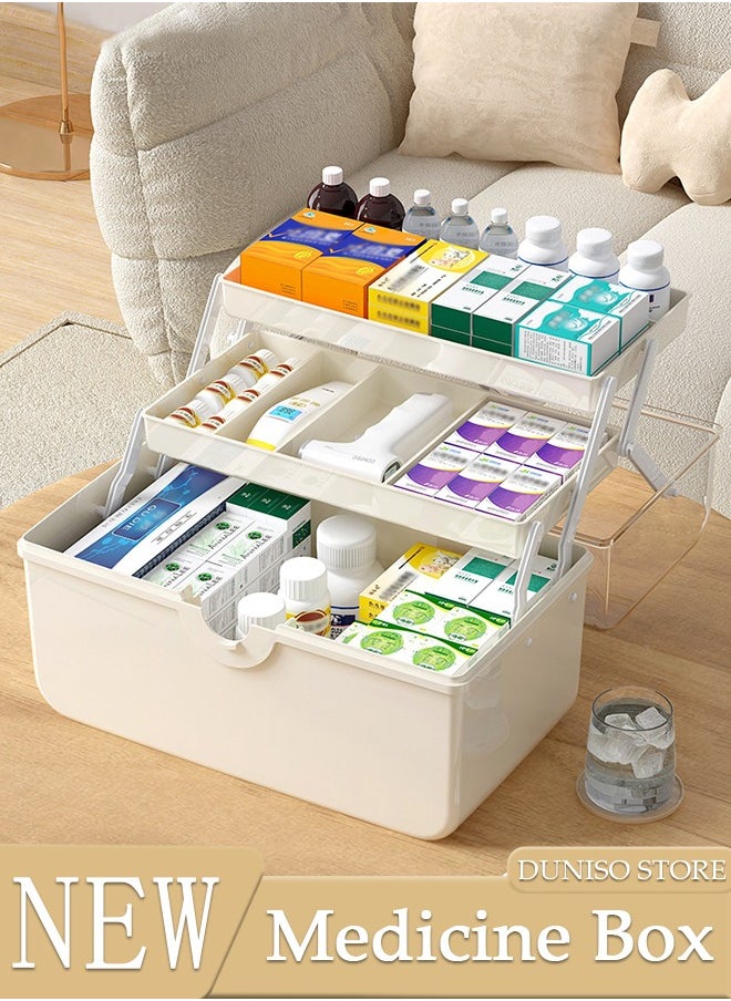 DUNISO Medicine Box Plastic Medicine Storage Box Family Emergency Kit Medical Kit 3 Layers Home First Aid Box Child Proof Medicine Box Organizer Pill Case with Compartments and Handle  - Image 1