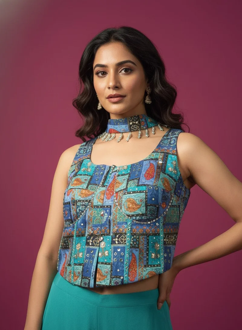 Lehar  Vibrant Mosaic Indo-Western Palazzo Set for Women | Best Price UAE
