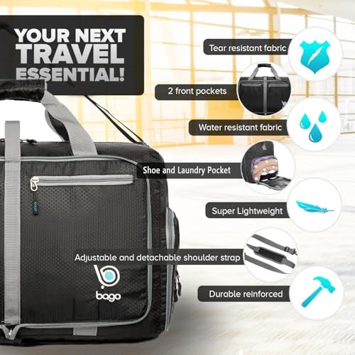Bago Foldable Duffel Bags for Traveling Women & Men - 40L Sports Packable Duffle Bag for Travel with Shoe Compartment - Water Repellant, Heavy Duty, Lightweight Folding & Collapsible (Black) - Image 3