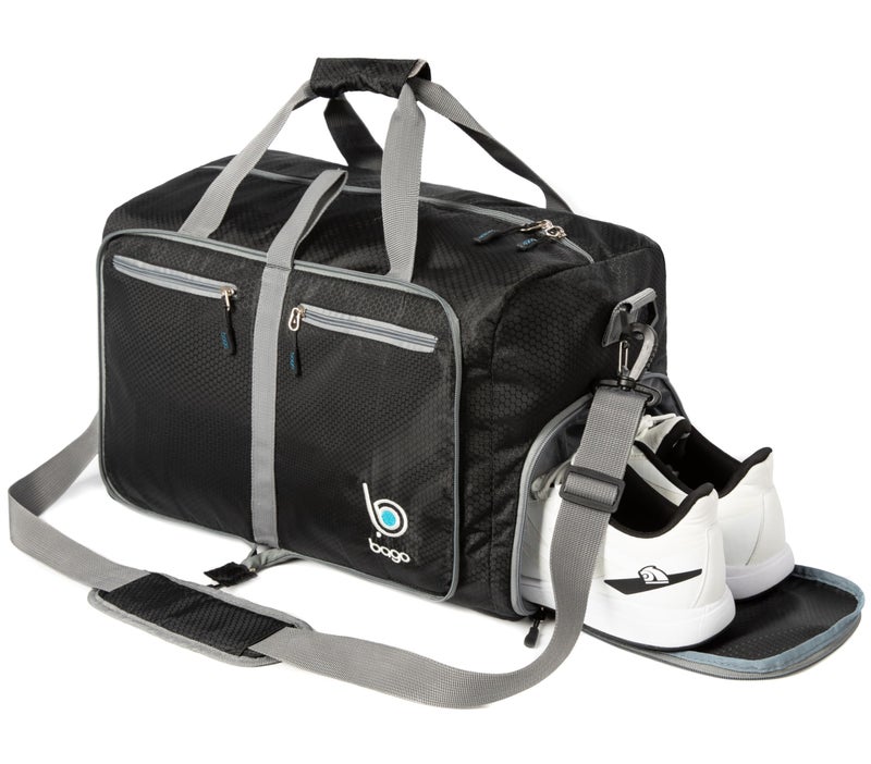 Bago Foldable Duffel Bags for Traveling Women & Men - 40L Sports Packable Duffle Bag for Travel with Shoe Compartment - Water Repellant, Heavy Duty, Lightweight Folding & Collapsible (Black) - Image 5
