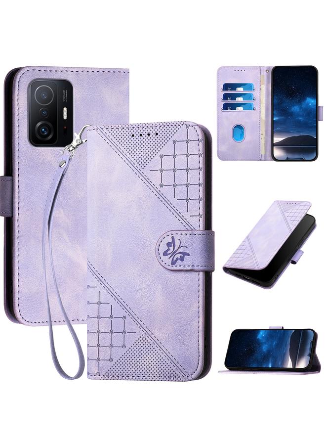 Case For Xiaomi Mi 11T YX0080 Grid Butterfly Embossed Pattern Leather Phone Case with Lanyard