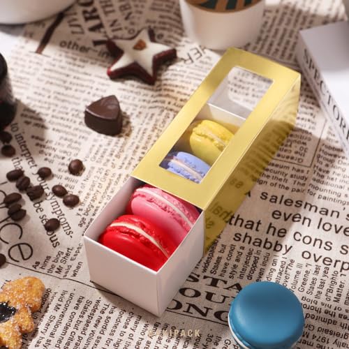 BAKIPACK 30 Macaron Boxes for 4 or 5 Macarons Gold Macaron Gift Boxes, Candy Boxes, Macarons Box with Clear Window (Interior Measurement 4.8" x 1.9" x 1.9" without Macaron inside) - Image 4