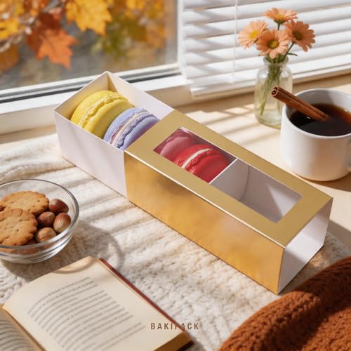 BAKIPACK 30 Macaron Boxes for 4 or 5 Macarons Gold Macaron Gift Boxes, Candy Boxes, Macarons Box with Clear Window (Interior Measurement 4.8" x 1.9" x 1.9" without Macaron inside) - Image 2