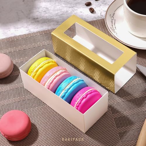 BAKIPACK 30 Macaron Boxes for 4 or 5 Macarons Gold Macaron Gift Boxes, Candy Boxes, Macarons Box with Clear Window (Interior Measurement 4.8" x 1.9" x 1.9" without Macaron inside) - Image 3