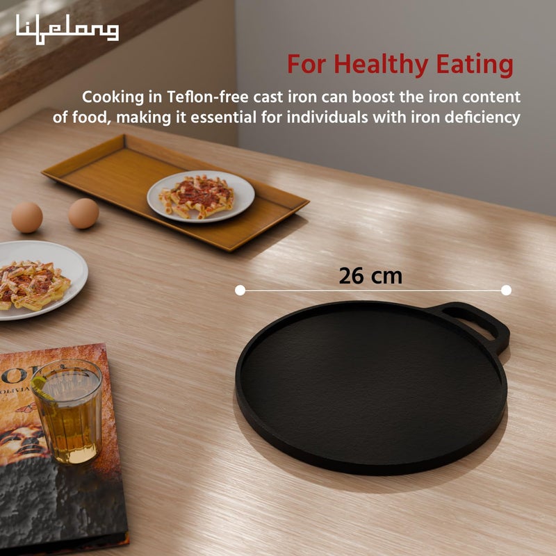 Lifelong Cast Iron Dosa Tawa with Wooden Spatula for Dosa Uttapam Chapati 26 cm 185 kg Tawa Spatula Set Pre Seasoned NonToxic NonStick Teflon Free Gas Induction StoveFriendly - Image 3