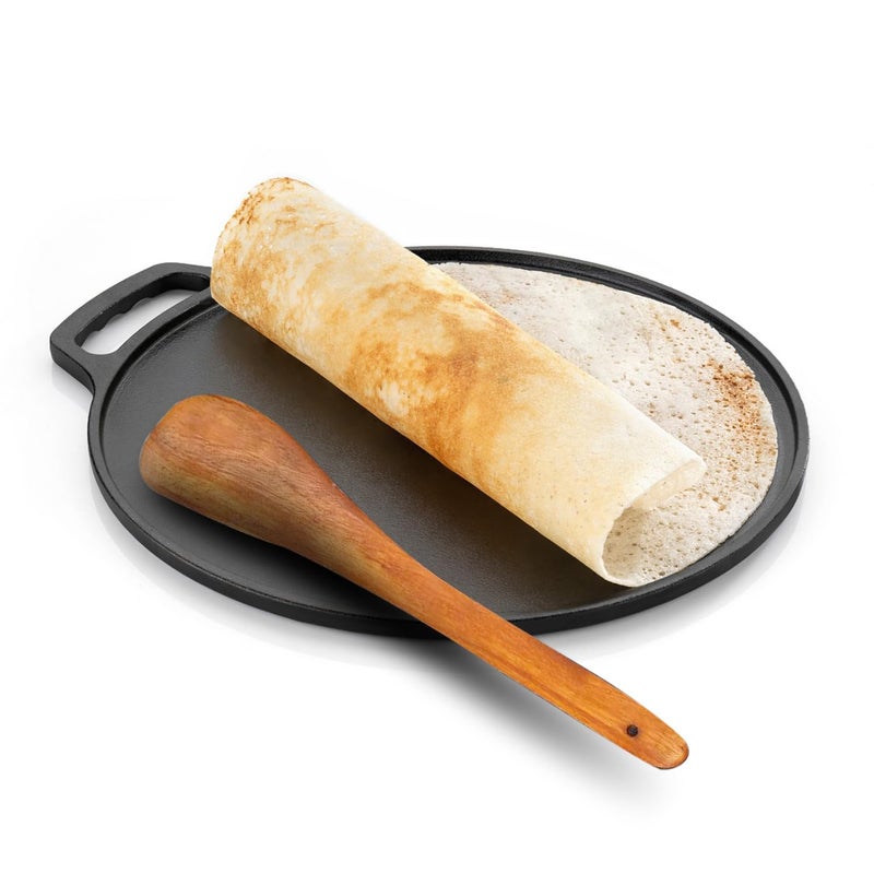 Lifelong Cast Iron Dosa Tawa with Wooden Spatula for Dosa Uttapam Chapati 26 cm 185 kg Tawa Spatula Set Pre Seasoned NonToxic NonStick Teflon Free Gas Induction StoveFriendly - Image 1